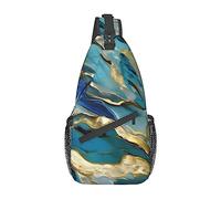 peiyeety Mochila bandolera con estampado de mármol al óleo en color verde azulado azurita y dorado metalizado para hombre y mujer, ideal para viajes, senderismo y como bolso de pecho.
