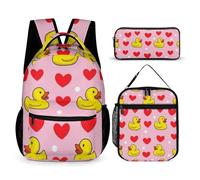 peiyeety Mochila con lonchera, bolsa de almacenamiento, mochila con lonchera y bolsas para cosméticos (corazones rosas, lunares, patitos de goma amarillos (1))