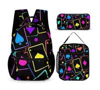 peiyeety Mochila con lonchera y bolsa para cosméticos, juego de mochila con diseño de naipes mágicos de neón alucinante, mochila con lonchera, bolsas de almacenamiento