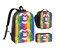 peiyeety Mochila de 17 pulgadas con diseño de la bandera del orgullo gay arcoíris LGBT con manos formando un corazón, bolsa de almuerzo ligera para hombres y mujeres, 3 unidades