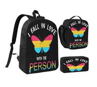 peiyeety Mochila LGBT Arcoíris Orgullo Gay Mariposa Me enamoro de la persona Queer Pansexual de 17 pulgadas Conjuntos Bolsa de almuerzo Mochila ligera para hombres Mujeres 3 piezas