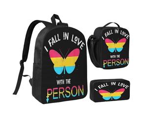 peiyeety Mochila LGBT Arcoíris Orgullo Gay Mariposa Me enamoro de la persona Queer Pansexual de 17 pulgadas Conjuntos Bolsa de almuerzo Mochila ligera para hombres Mujeres 3 piezas