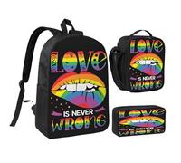 peiyeety Mochila LGBT Gay Pride Rainbow Love Is Never Wrons Lips de 17 pulgadas, bolsa de almuerzo, mochila ligera para hombres y mujeres, 3 piezas