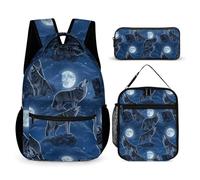 peiyeety Mochila ligera con lonchera, bolsa de maquillaje, mochila, lonchera y bolsa de almacenamiento (Full Moon Wolf (6))