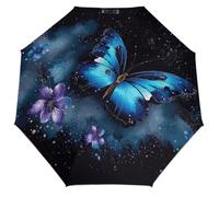 peiyeety Paraguas plegable automático Galaxy Blue Butterfly | Con mango y botón de apertura/cierre automático para hombres y mujeres, impermeable, flexible y resistente, paraguas de viaje con funda.