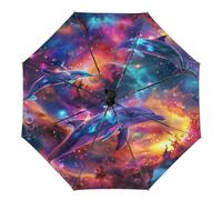 peiyeety Paraguas plegable con diseño de galaxia de pavo real, compacto, automático, resistente al viento, ideal para la lluvia, para hombres y mujeres, para viajes al aire libre.