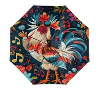 peiyeety Paraguas plegable con diseño de gallo colorido, notas musicales florales, compacto, automático, resistente al viento, para lluvia, para hombres y mujeres, para viajes al aire libre.