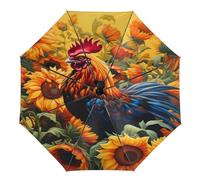 peiyeety Paraguas plegable con diseño de gallo colorido, notas musicales florales, compacto, automático, resistente al viento, para lluvia, para hombres y mujeres, para viajes al aire libre.