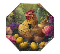 peiyeety Paraguas plegable con diseño de gallo colorido, notas musicales florales, compacto, automático, resistente al viento, para lluvia, para hombres y mujeres, para viajes al aire libre.