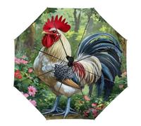 peiyeety Paraguas plegable con diseño de gallo colorido, notas musicales florales, compacto, automático, resistente al viento, para lluvia, para hombres y mujeres, para viajes al aire libre.