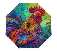 peiyeety Paraguas plegable con diseño de gallo colorido, notas musicales florales, compacto, automático, resistente al viento, para lluvia, para hombres y mujeres, para viajes al aire libre.