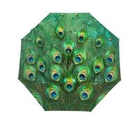 peiyeety Paraguas plegable con estampado de plumas de pavo real verde, ligero, compacto, con protección UV, resistente al viento, impermeable, portátil, para sol y lluvia, para hombres y mujeres.