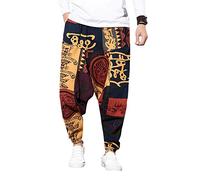 Pejihota Pantalones Harem Hip-Hop Largos de Hombre de Algodón y Lino Pantalones Harem Aladdin Yoga Casual Bohemia Bloomers Pantalones de Caballo Bajo Estampado Retro con Bolsillos, rojo, M