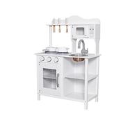 PEKECARS 10C404HW Cocina de Madera Infantil para niños +3 años con Fregadero de Acero Inoxidable, microondas y Horno. Cocinita de Juguete (58,5x30x85cm) Blanca con perillas Que giran y Accesorios