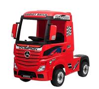 PEKECARS Camión eléctrico Infantil Mercedes Actros 12v, Doble batería 12V7ah, 2.4ghz RC, Color Rojo. Ruedas de Caucho antipinchazos y Asiento Acolchado en Polipiel. con Mando para Padres y 4 Motores