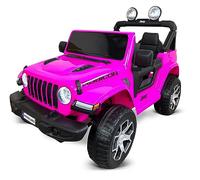 PEKECARS Todoterreno Electrico para niños y niñas Jeep Wrangler Rubicon 12V Color Rosa. Todoterreno Infantil 4x4 con Pantalla MP4, Asiento Forrado en Polipiel, Ruedas de Goma, 4 Motores