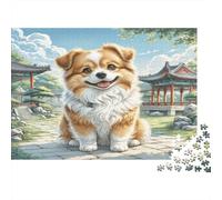 Pekingese Rompecabezas de Papel Shiba Inu Frente a Edificio asiático Tradicional, Set de Regalo de cumpleaños para Entrenamiento Cerebral 38x26cm/1000 Piezas