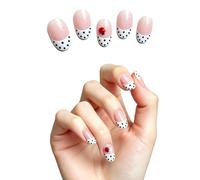 PEKLLOCY 24 uñas artificiales francesas para pegar, uñas para pegar con diseño 3D Red Ladybird, acrílico ovalado, cobertura completa, autoadhesiva, uñas de las manos