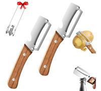 Pelador de cocina multifuncional, acero inoxidable con abridor de botellas y removedor de semillas, agarre ergonómico para frutas y verduras, patatas, kiwi, zanahorias y manzanas (Madera 2Piezas)
