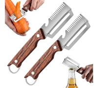 Pelador De Frutas De Acero Inoxidable 3 En 1, Pack De 2 Cuchillos Peladores Con Mango De Madera Y Abrebotellas, Peladores Multifuncionales, Rebanador De Cebolleta Para Cocina