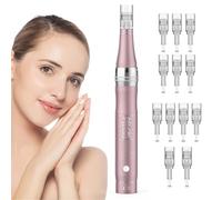PELCAS Dermapen Profesional Recargable Dermapen Incluye 12 Cartuchos de Repuesto Derma Pen para Cuerpo, Barba, Cabello y Cuidado de la Piel(Rosa claro)