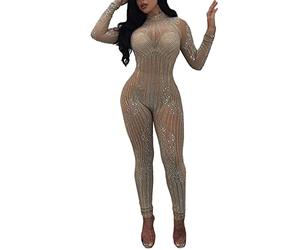 Pelele largo con purpurina, para mujer, sexy, para fiesta, mono de club, mono ajustado para yoga, tul, para fiestas, escenarios, disfraz, body, manga larga, mameluco de malla, traje de cuerpo entero,