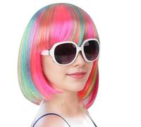 Pelera de arco iris con flequillo, peluca de cosplay sintética colorida de 12 pulgadas para mujeres Uso diario de niñas, fiesta de Halloween