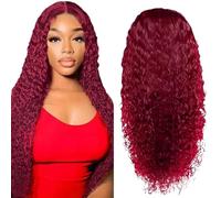 Pelera delantera de encaje de 24 pulgadas Natural transpirable Medio sintética Long Wavy Wig para diario, cosplay, maquillaje, fotografía, vino rojo, ondulado largo, frente de encaje