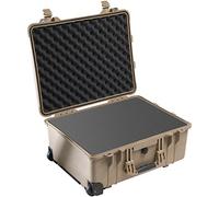 PELI 1560 Caja de transporte rígida estanca con ruedas y asa telescópica, IP67 estanca e impermeable al polvo, 44L de capacidad, fabricada en Alemania, con espuma personalizable, Beige