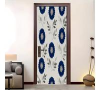 Película Adhesiva de PVC Vinilo para Puerta Flores Sencillas De Acuarela Autoadhesiva, Impermeable y Extraíble Azul Pegatina Decorativa para Puertas Interiores y Paredes 88x200 cm