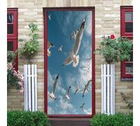 Película Adhesiva de PVC Vinilo para Puerta PatróN de Aves Marinas Animales Autoadhesiva, Impermeable y Extraíble Azul Pegatina Decorativa para Puertas Interiores y Paredes 95x215 cm