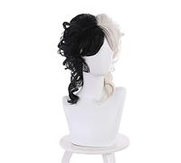 Película Cruella Corto Rizado Negro Blanco Cosplay Peluca Resistente al Calor Pelo Sintético Cruella de Vil Mujeres Lolita Carnaval Fiesta Pelucas