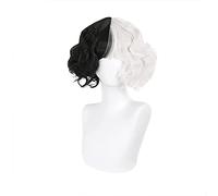 Película Cruella Pelucas Medio Negro Medio Leche Blanco Blanco Corto Curly Resistente al Calor Cruella de Vil Cosplay Wig + Wig Cap Halloween