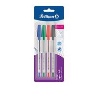 Pelikan Bolígrafo Super Soft Stick, blíster de 4 piezas, colores mezclados (azul, negro, rojo, verde) tinta deslizante de mango triangular ergonómico - 804585, Mixto