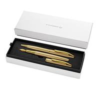 Pelikan, Juego de Bolígrafo y Pluma Estilográfica Jazz Nobel Elegance en Metal Gold, Tinta Azul, Con Clip Elástico y Elegante Estuche de Regalo
