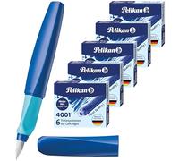 Pelikan Twist - Pluma estilográfica (acero inoxidable, ancho de trazo M, con cartucho de tinta azul profundo + cartuchos de repuesto)