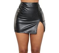 Pelisy Minifalda sexy de piel sintética para mujer, cintura alta, con cremallera, casual, ajustada, de piel sintética, Negro, S/M
