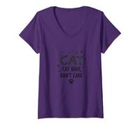 Pelo de Gato, no te Importa - Lema del Amante felino Peludo Camiseta Cuello V, Mujer, Morado, M