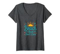 Pelo de Playa No Importa Vacaciones de Verano Diversión Camiseta Cuello V, Mujer, Jaspeado Oscuro, M