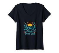Pelo de Playa No Importa Vacaciones de Verano Diversión Camiseta Cuello V, Mujer, Negro, M