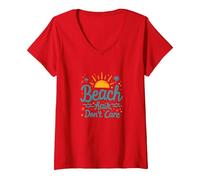 Pelo de Playa No Importa Vacaciones de Verano Diversión Camiseta Cuello V, Mujer, Rojo, M