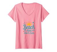 Pelo de Playa No Importa Vacaciones de Verano Diversión Camiseta Cuello V, Mujer, Rosado, M