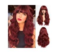 Pelo humano Peluca sintética de moda, cabello largo y rizado con flequillo, ondas grandes, ideal for festivales uso diario(2-131-wine red)