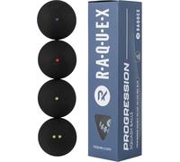 Pelotas de squash Raquex Progression, caja mixta de 4 pelotas, 4 velocidades por caja: punto rojo, punto azul, punto amarillo, doble punto amarillo de competición. Pelota de squash aprobada por la WSF