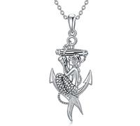 PELOVNY Collar de sirena de plata de ley 925 con ancla de cráneo, colgante de sirena, regalo para mujeres y amigas, Plata esterlina, Sin gemas.