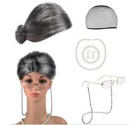 Peluca Abuela, 8 Piezas Peluca Abuela Cosplay Accesorio, Conjunto de Disfraz De Anciana, Gorra de Peluca de Abuela Para Halloween, Collar de Perlas Para Carnaval, Fiesta de Disfraz