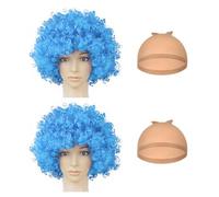 Peluca africana azul de 2 piezas con 2 redecillas, peluca de payaso loco, pelo rizado unisex, pelo sintético, accesorio de disfraces, aspecto de peluca de mascarada