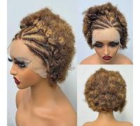 Peluca africana de volumen, peluca de cabello humano con encaje de 13x4, peluca de tejido rizado corto,con cabello de bebé peluca sin pegamento adecuada for juegos de rol de mujeres(Brown to gold)