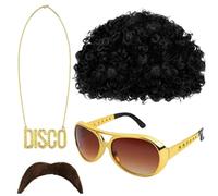 Peluca afro - Peluca de disfraz hippie funky con gafas de sol | Collar con bigote, accesorio de retro para temas de los años 50, 60 y 70, disfraces, disfraces, diversión y discoteca re