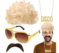 Peluca Afro - Peluca Hippie Con Collar De Bigote Gafas De Lujo, Ṕeluca Disco Para Un Look Vintage | Disfraz Retro Ďe Los Años 70 Y 80 Para Đe Disfraces, D́e Halloween, Hombres Y Mujeres